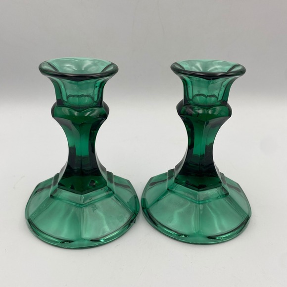 Indiana Glass Co. Other - Indiana Glass Co Vintage Teal Emerald Green Candlestick Holders Pair 4.5in